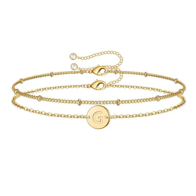 MONOZO Gold Initial Bracelets for Women, Dainty 14K-gold-plated Layered Beaded G Letter Initial Bracelet Personalized Alphabet Disc Monogram Charm Bracelet Jewelry Gifts for Her - Image 1